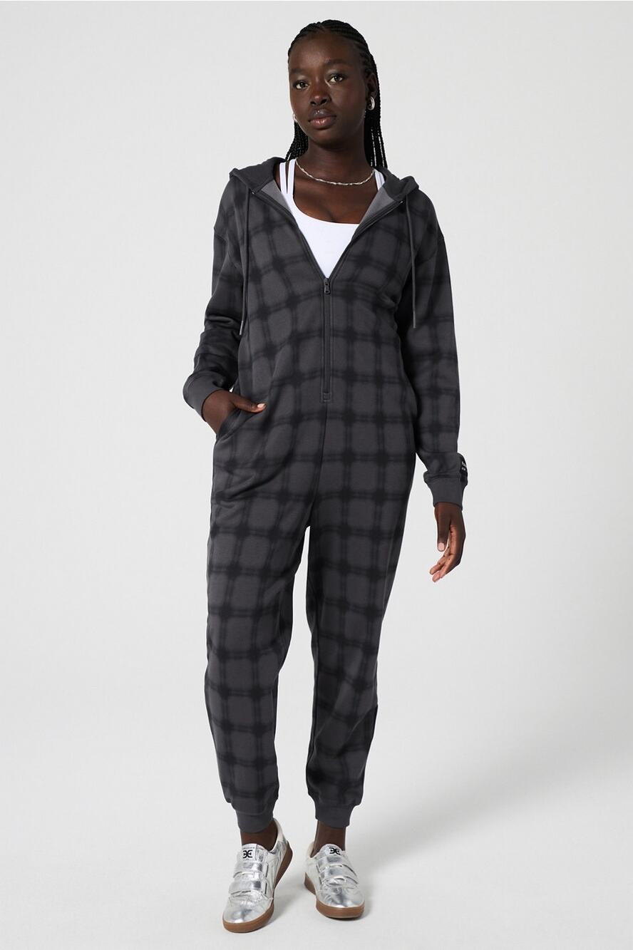 NEW Fabletics Cozy Fleece Hooded Onesie Black Windowpane Jumpsuit Size M